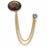 Antique Round Button Brooch with Blue Rhinestone and Layered Gold Chains