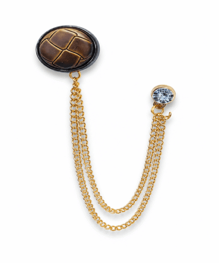 Antique Round Button Brooch with Blue Rhinestone and Layered Gold Chains