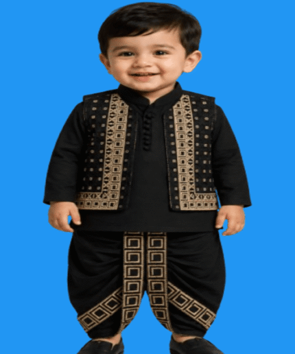Baby Boys All-Black Embroidered Waistcoat Kurta Dhoti Shalwar 3Piece Suit (2)