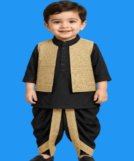 Baby Boys All-Black Embroidered Waistcoat Kurta Dhoti Shalwar 3Piece Suit (3)
