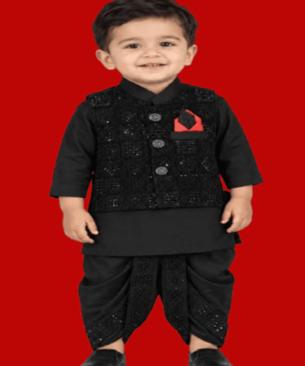 Baby Boys All-Black Embroidered Waistcoat Kurta Dhoti Shalwar 3Piece Suit (4)