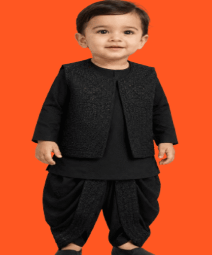 Baby Boys All-Black Embroidered Waistcoat Kurta Dhoti Shalwar 3Piece Suit
