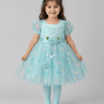 Baby Girls Aqua Butterfly Tulle Party Frock with Matching Tights & Half-Sleeve Inner Shirt – 3 to 5 Years
