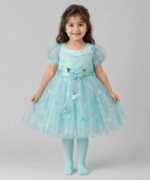 Baby Girls Aqua Butterfly Tulle Party Frock with Matching Tights & Half-Sleeve Inner Shirt – 3 to 5 Years