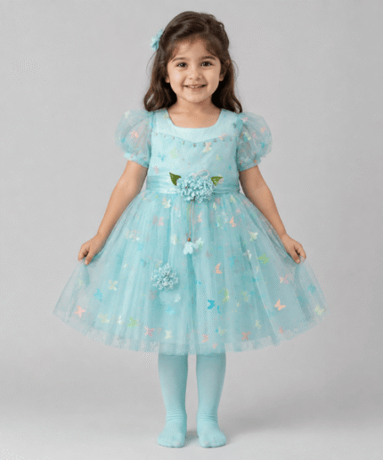 Baby Girls Aqua Butterfly Tulle Party Frock with Matching Tights & Half-Sleeve Inner Shirt – 3 to 5 Years