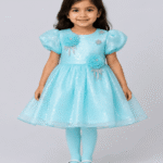 Baby Girls Aqua Shimmer Floral Party Frock with Matching Tights – 3 to 5 Years