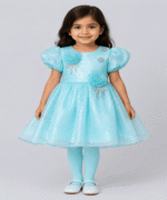 Baby Girls Aqua Shimmer Floral Party Frock with Matching Tights – 3 to 5 Years