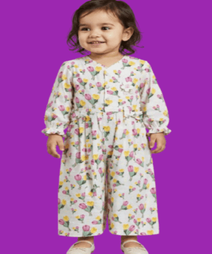 Baby Girls Blue Yellow Tulip Floral Wide Leg Jumpsuit 1 to 3 Years (2)