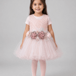 Baby Girls Blush Pink Pearl & Floral Party Frock with Matching Tights and Half-Sleeve Inner Shirt – 3 to 5 Years