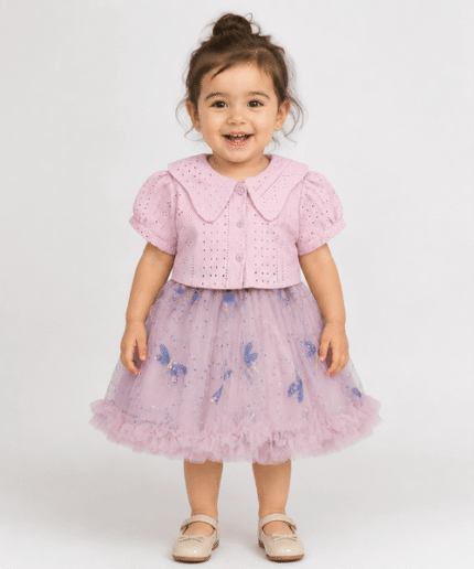 Baby Girls Butterfly Embroidered Tulle Party Dress with Eyelet Jacket – 1 to 3 Years