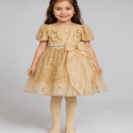 Baby Girls Champagne Gold Sequin Bow Party Frock with Matching Tights – 3 to 5 Years