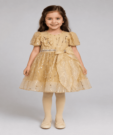Baby Girls Champagne Gold Sequin Bow Party Frock with Matching Tights – 3 to 5 Years