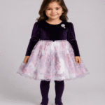 Baby Girls Deep Purple Velvet & Blush Floral Lace Frock with Matching Tights – 3 to 5 Years