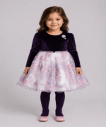 Baby Girls Deep Purple Velvet & Blush Floral Lace Frock with Matching Tights – 3 to 5 Years