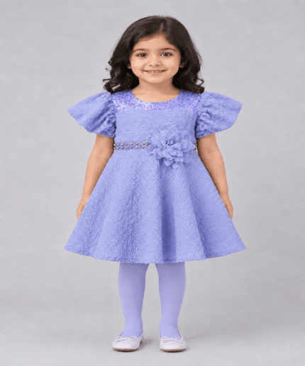 Baby Girls Lavender Sequin Flower Frock with Matching Tights – 3 to 5 Years