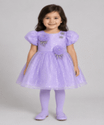 Baby Girls Lilac Shimmer Floral Puff-Sleeve Frock with Matching Tights – 3 to 5 Years