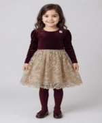Baby Girls Deep Purple Velvet & Blush Floral Lace Frock with Matching Tights – 3 to 5 Years