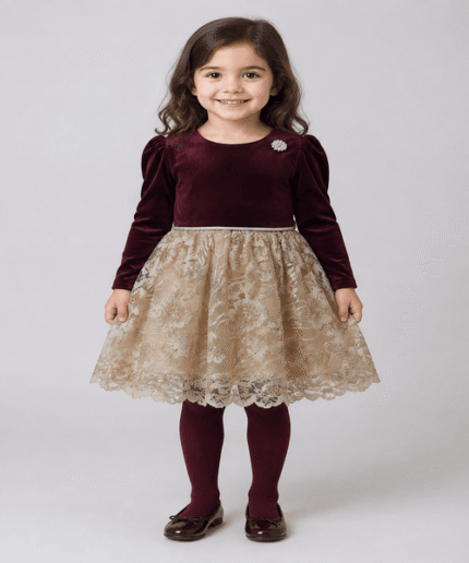 Baby Girls Deep Purple Velvet & Blush Floral Lace Frock with Matching Tights – 3 to 5 Years