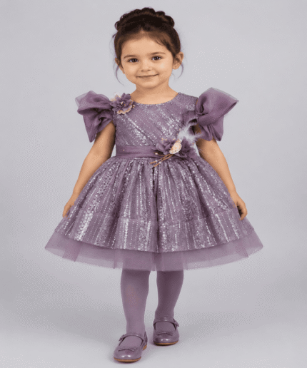 Baby Girls Mauve Sequin Bow Party Frock with Matching Tights – 3 to 5 Years