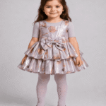 Baby Girls Metallic Bow Tiered Frock with Half-Sleeve Inner Shirt & Matching Tights – 3 to 5 Years