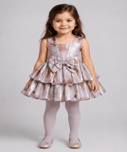 Baby Girls Metallic Bow Tiered Frock with Half-Sleeve Inner Shirt & Matching Tights – 3 to 5 Years (2)