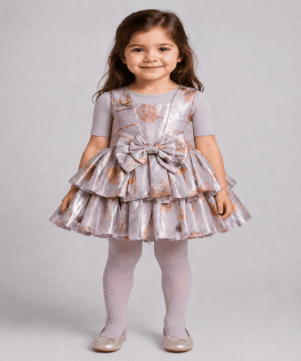 Baby Girls Metallic Bow Tiered Frock with Half-Sleeve Inner Shirt & Matching Tights – 3 to 5 Years