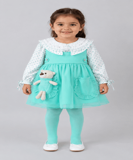 Baby Girls Mint Teddy-Pocket Pinafore Frock with Polka-Dot Shirt & Matching Tights – 1 to 3 Years