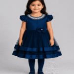 Baby Girls Navy Blue Embellished Tiered Party Frock with Matching Tights – 3 to 5 Years
