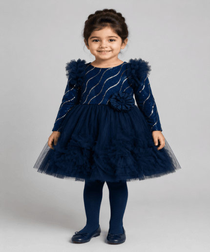 Baby Girls Navy Blue Sequin Ruffle Tulle Party Frock with Matching Tights – 3 to 5 Years