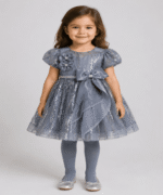Baby Girls Steel Grey Sequin Bow Party Frock with Matching Tights – 3 to 5 Years