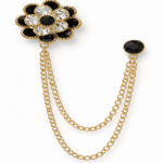 Black & Clear Rhinestone Floral Brooch with Double Gold Chains