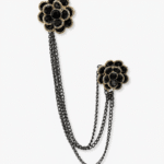 Black Floral Double Brooch with Layered Chains