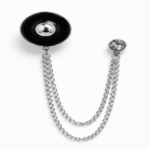 Black & Silver Dome Brooch with Rhinestone Pin and Double Chains