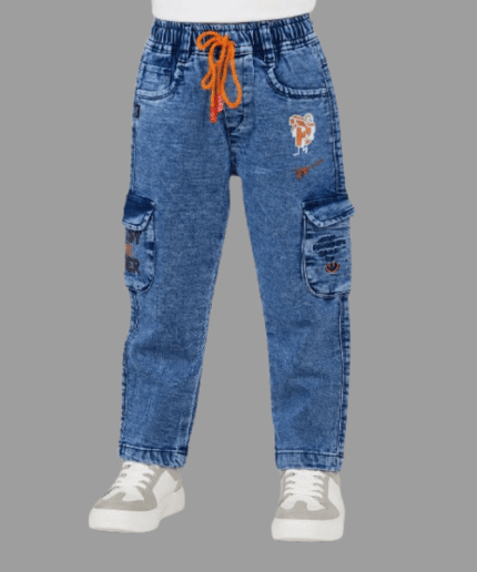 Boys Blue Washed Denim Cargo Jeanswith Drawstring Side Pockets 1 to3 Years (2)