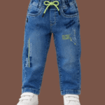 Boys Blue Washed Printed Denim Jeans with Neon Drawstring 1 to 3 Years