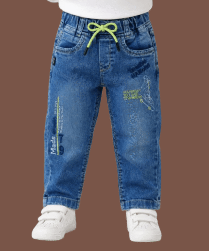 Boys Blue Washed Printed Denim Jeans with Neon Drawstring 1 to 3 Years