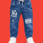 Boys Dark Blue Washed Printed DenimJeans with White Drawstring 1 to 3 Years