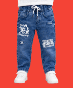 Boys Dark Blue Washed Printed DenimJeans with White Drawstring 1 to 3 Years