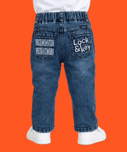 Boys Dark Blue Washed Printed DenimJeans with White Drawstring 1 to 3 Years