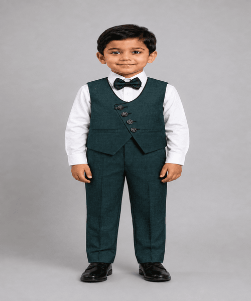 Boys Dark Green Checked Waistcoat, White Shirt, Bow Tie & Matching Trouser 4-Piece Formal Set Boys Dark Green Checked Waistcoat, White Shirt, Bow Tie & Matching Trouser 4-Piece Formal Set