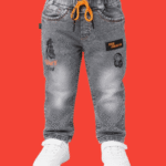 Boys Grey Washed Printed Denim Jeans with Orange Drawstring 1 to 3 Year