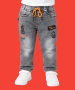 Boys Grey Washed Printed Denim Jeans with Orange Drawstring 1 to 3 Year
