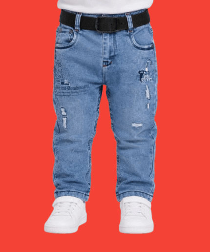 Boys Light Blue Washed Embroidered Denim Jeans with Belt 1 to 3 Years