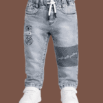 Boys Light Grey Washed Graphic Denim Jeans with White Drawstring 1to 3 Years