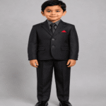 Boys Premium Black 3-Piece Formal Suit with Striped Shirt, Black Tie & Red Pocket Square