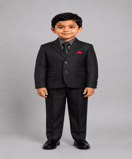 Boys Premium Black 3-Piece Formal Suit with Striped Shirt, Black Tie & Red Pocket Square