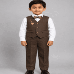 Boys Premium Brown Waistcoat, Shirt & Trouser Set with Striped Bow Tie – 4-Piece Formal Outfit