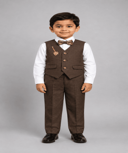 Boys Premium Brown Waistcoat, Shirt & Trouser Set with Striped Bow Tie – 4-Piece Formal Outfit