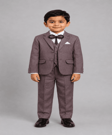 Boys Premium Dusty Brown 3-Piece Formal Suit with White Shirt, Bow Tie & Pocket Square (2)