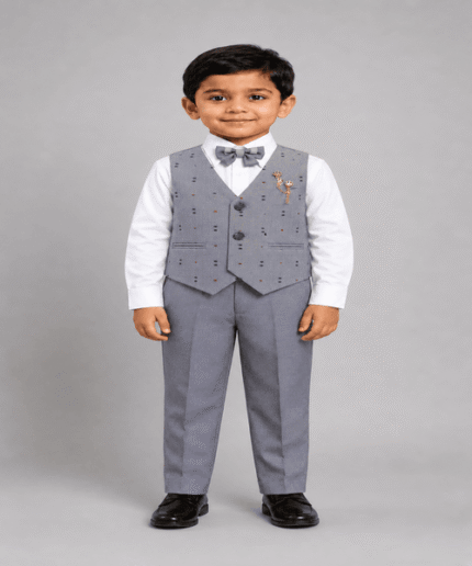 Boys Premium Grey Printed Waistcoat, White Shirt, Bow Tie & Matching Trouser 4-Piece Formal Set